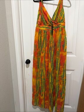 Vibrant Orange Tie-Dye Maxi Dress - Sleeveless V-Neck